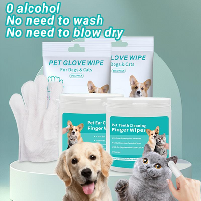 Pet Cleaning Kit - 100 Pet Care Finger Wipes + 12 Pet Glove Wipes