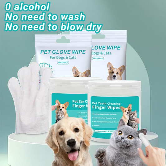 Pet Cleaning Kit - 100 Pet Care Finger Wipes + 12 Pet Glove Wipes